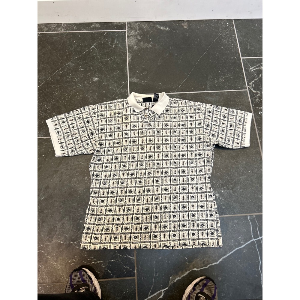 Ocean Pacific Mens Vintage Geometric Floral Block Print Polo Shirt White Black M